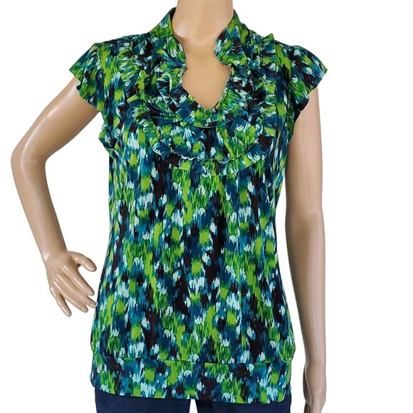 Heart Soul Blouse Top Women's Large Blue Green Ruffle Knit Stretch Cap Sleeves - Picture 2 of 13